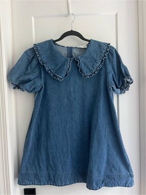 Denim Mini Dress with Ruffle Peter Pan Collar - Blue
